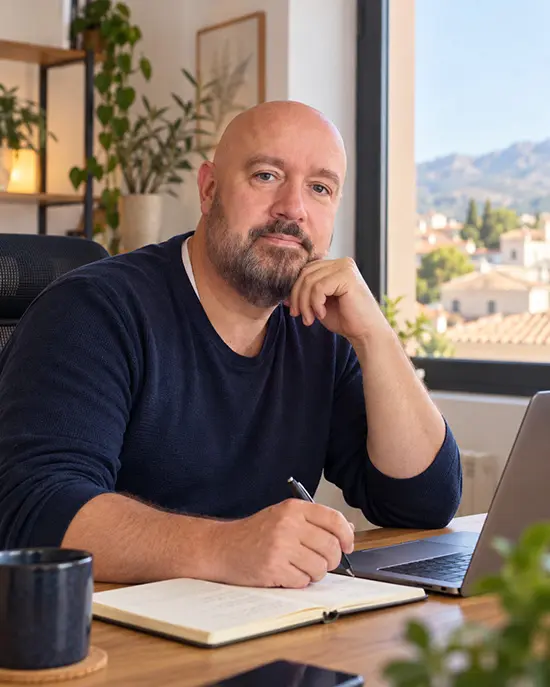 Eric Dieperink werkt aan zijn bureau met het Spaanse landschap achter zich